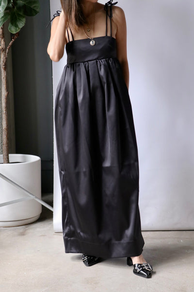 Ganni Double Satin String Long Dress in Black | WE ARE ICONIC