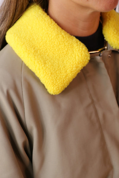 Tibi Lotte Nylon Carcoat With Removable Sherpa Collar in Khaki