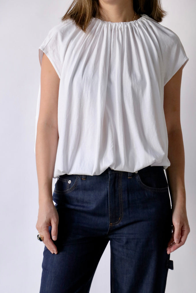 Tibi T-Shirting Shirred Neck Circular Top in White tops-blouses Tibi 
