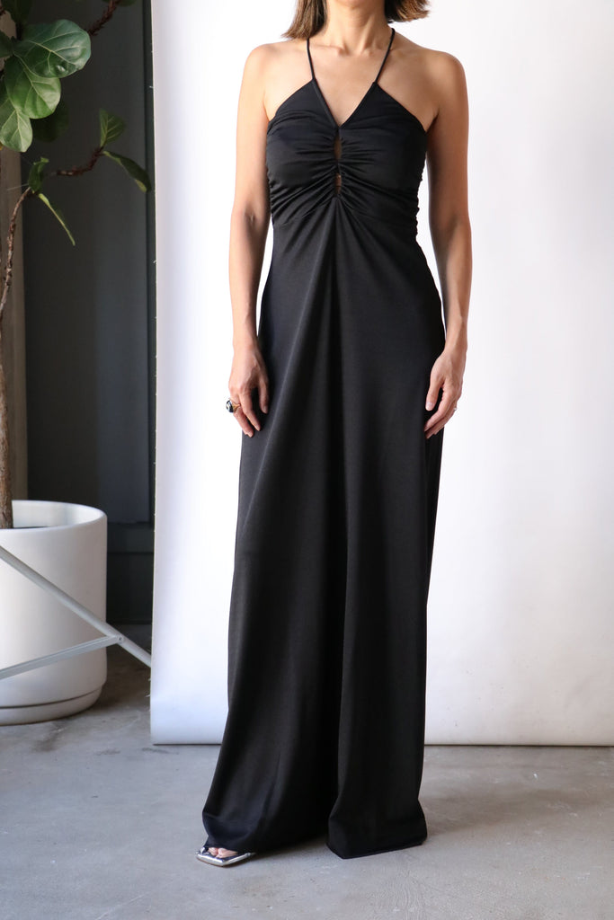 Ganni Shiny Crepe Jersey Long Dress in Black Dresses Ganni 
