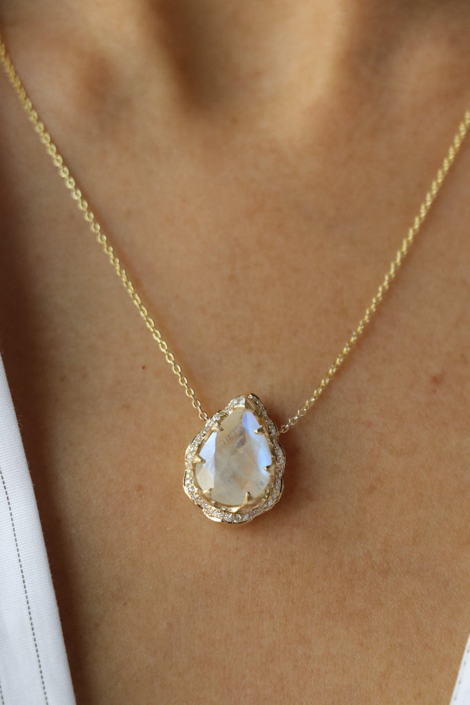 Logan Hollowell Queen Water Drop Moonstone Necklace with Full Pavé Diamond Halo Jewelry Logan Hollowell 