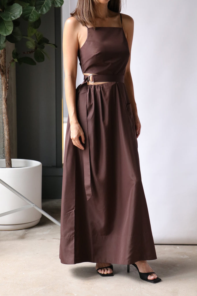 Tibi Italian Sporty Nylon Strappy Cut Out Dress in Dark Brown Dresses Tibi 
