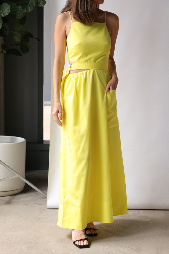 Tibi Italian Sporty Nylon Strappy Cut Out Dress in Yellow Dresses Tibi 