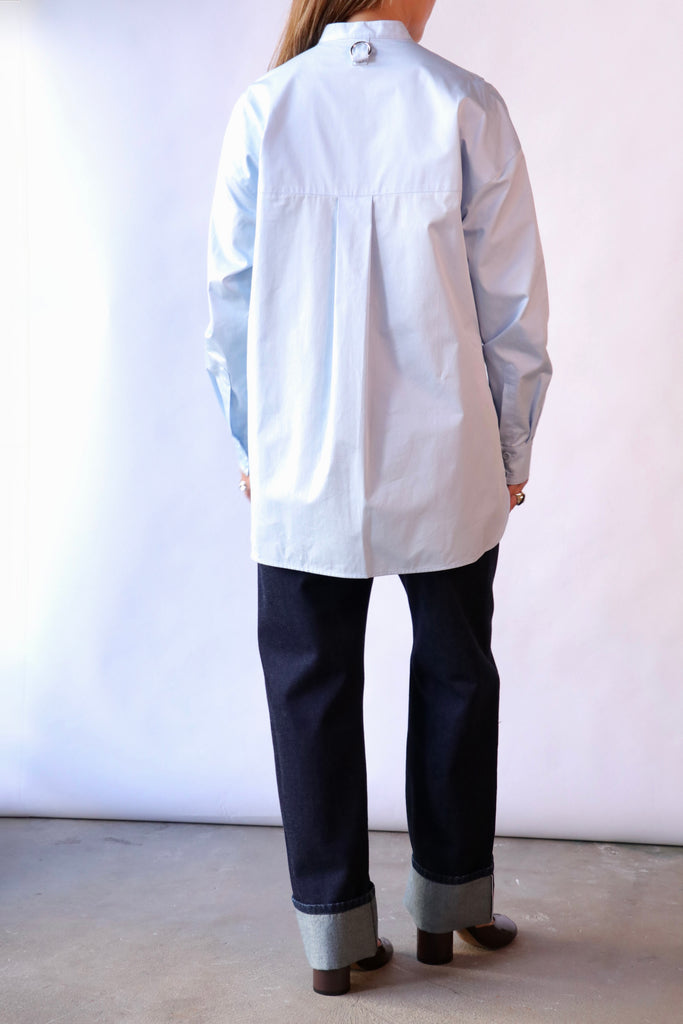 Tibi Eco Poplin Tuxedo Shirt With Bib Flap in Chambray Blue