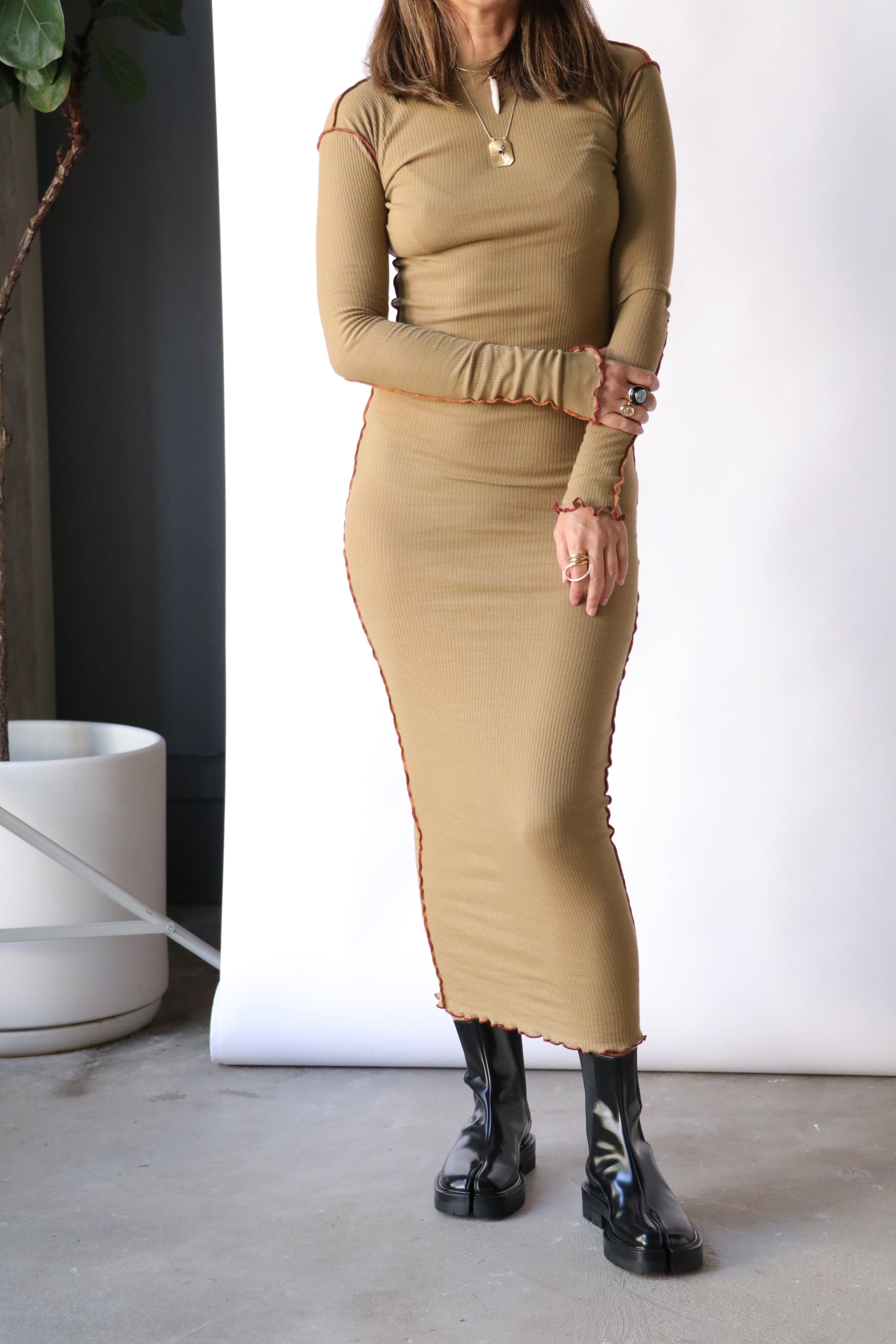 Baserange Vein Long Sleeve Dress in Jade Brown | WE ARE ICONIC