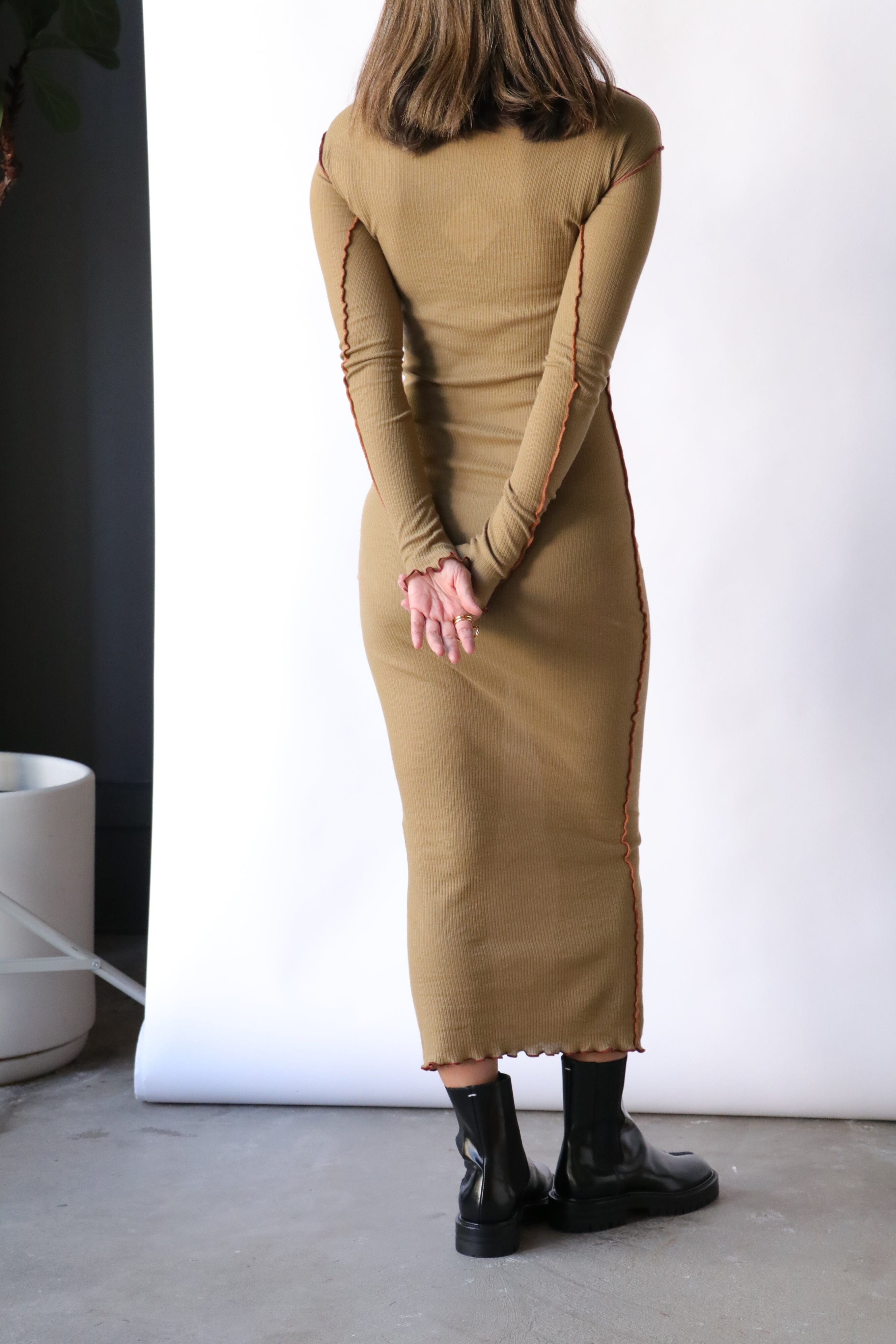 Baserange Vein Long Sleeve Dress in Jade Brown | WE ARE ICONIC