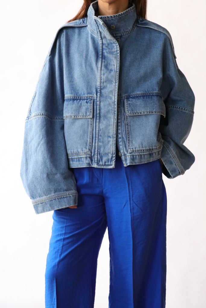 Christian Wijnants Jola Cropped Denim Jacket in Blue | WE ARE ICONIC