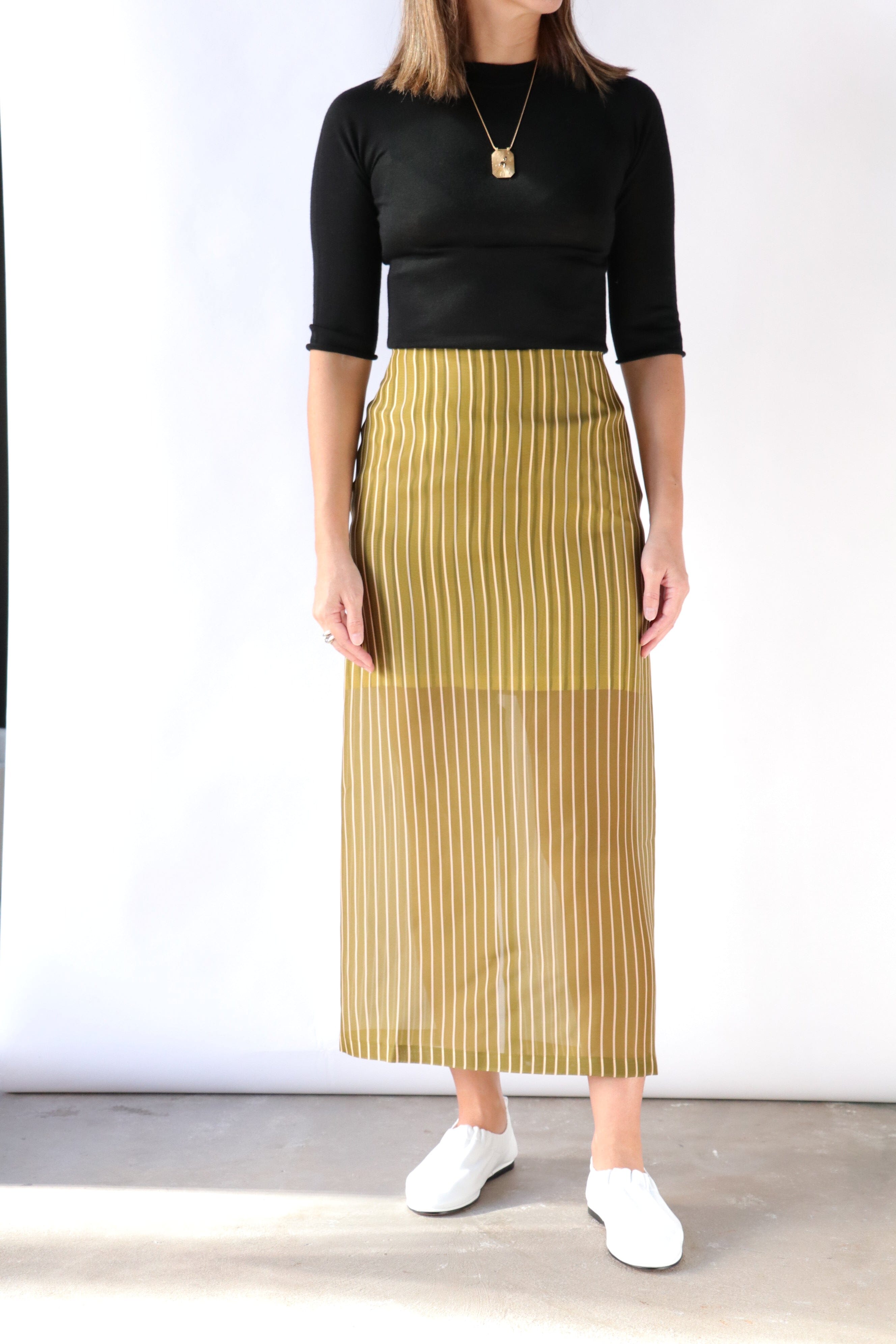 Christian Wijnants Susa Khaki Skirt in Peach Stripes | WE ARE ICONIC