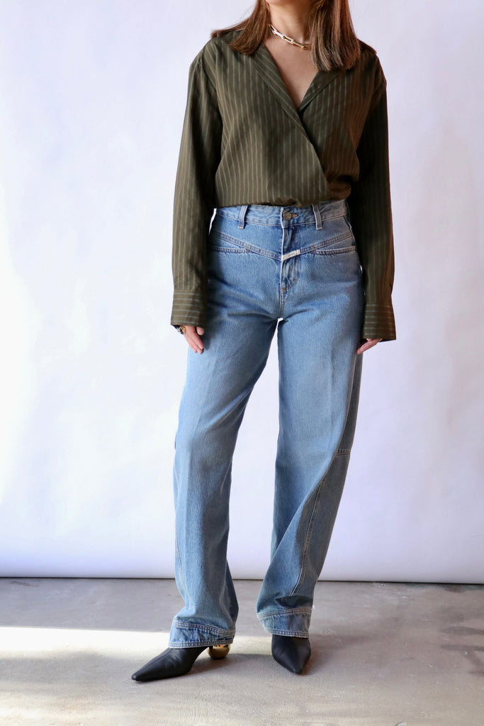 Closed Blouse with Asymmetric Details in Marsh Green tops-blouses Closed 