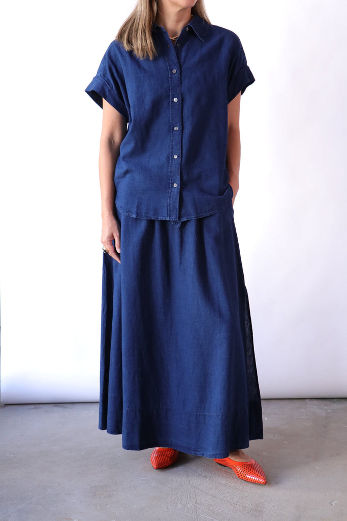 Closed Short-sleeved Blouse in a Linen-cotton Blend in Dark Blue tops-blouses Closed 