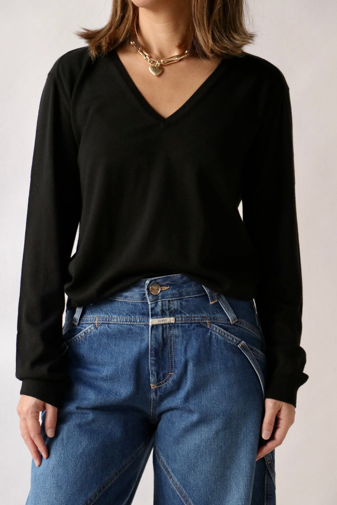 Closed V Neck Long Sleeve in Black tops-blouses Closed 