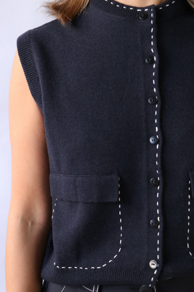 Cordera Merino Wool Stitched Waistcoat in Navy tops-blouses Cordera 