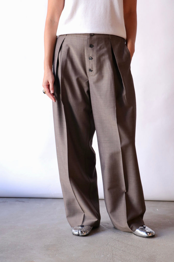 Cordera Tailoring Mohair Buttoned Pants in Smoke Brown Bottoms Cordera 
