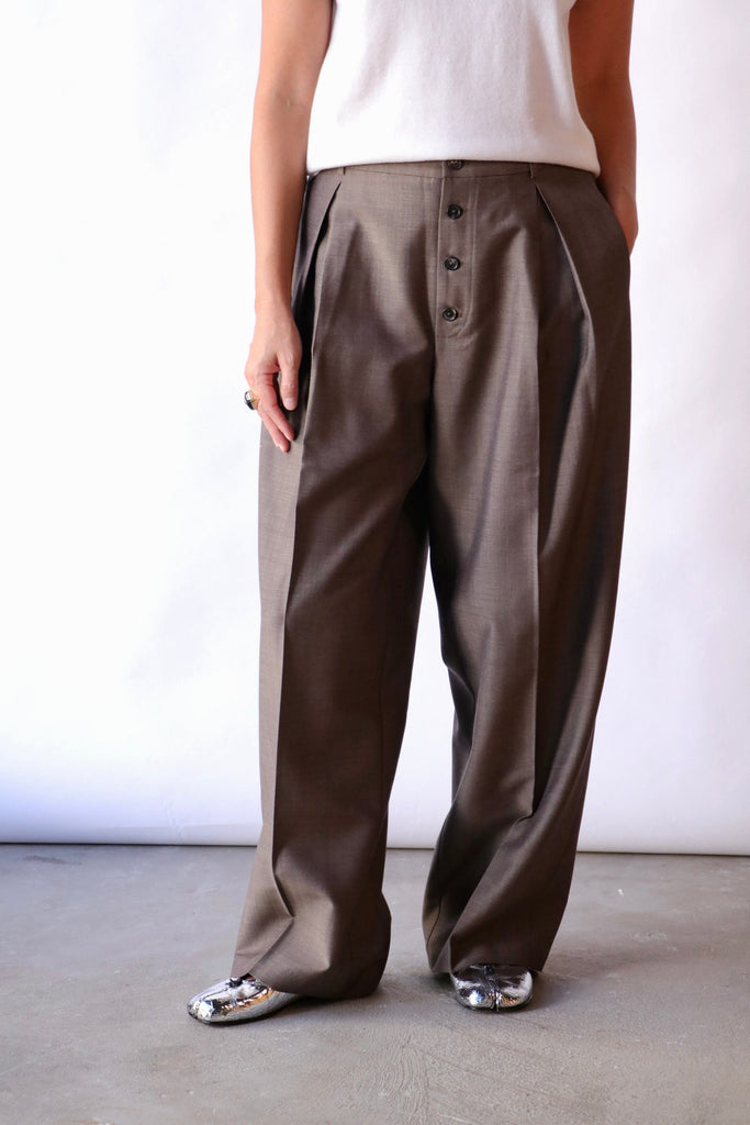 Cordera Tailoring Mohair Buttoned Pants in Smoke Brown Bottoms Cordera 