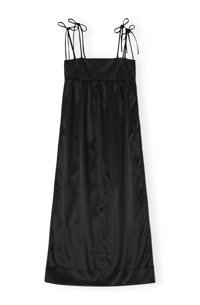 Ganni Double Satin String Long Dress in Black Dresses Ganni 