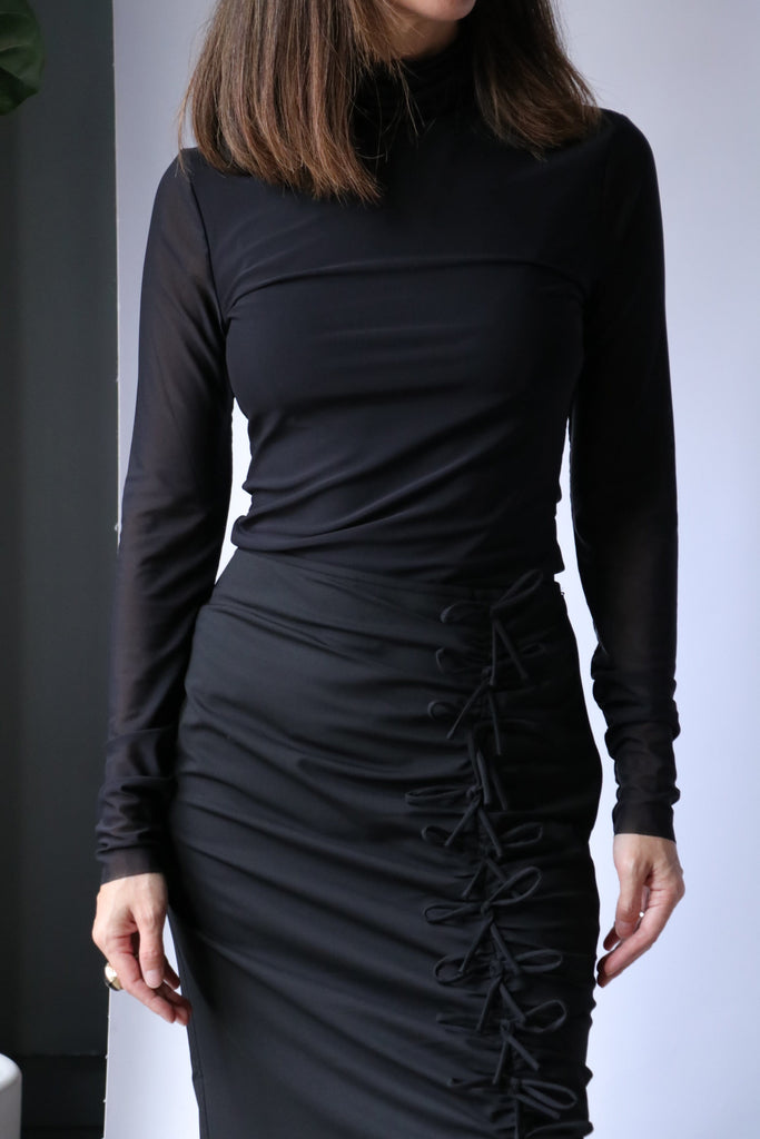 Ganni Solid Mesh Long Sleeve Rollneck in Black tops-blouses Ganni 