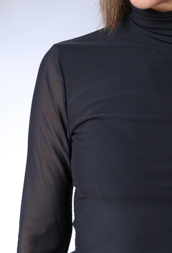 Ganni Solid Mesh Long Sleeve Rollneck in Black tops-blouses Ganni 