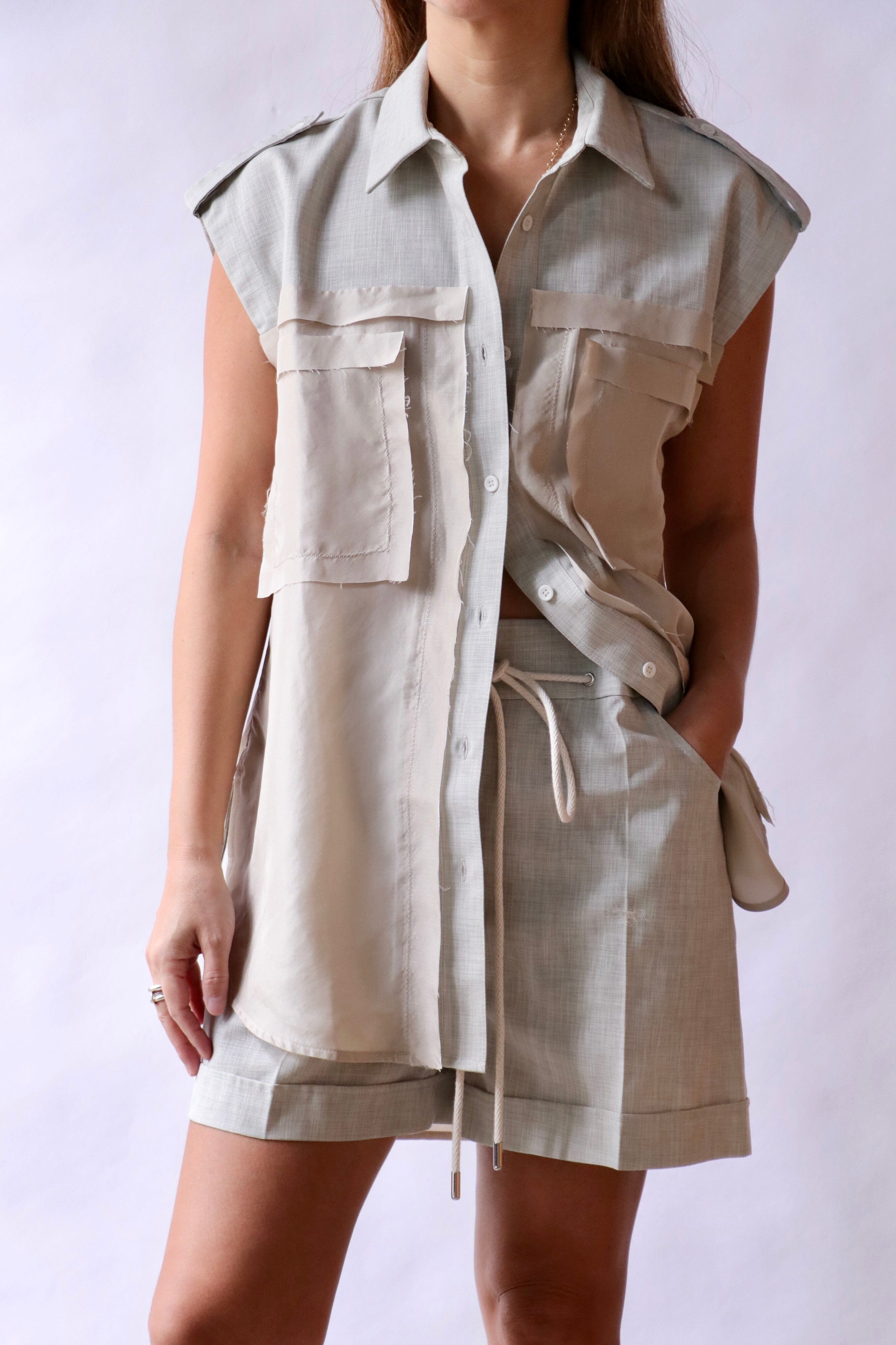Lee Mathews Marina Sleeveless Shirt in Oyster Grey | WE ARE ICONIC