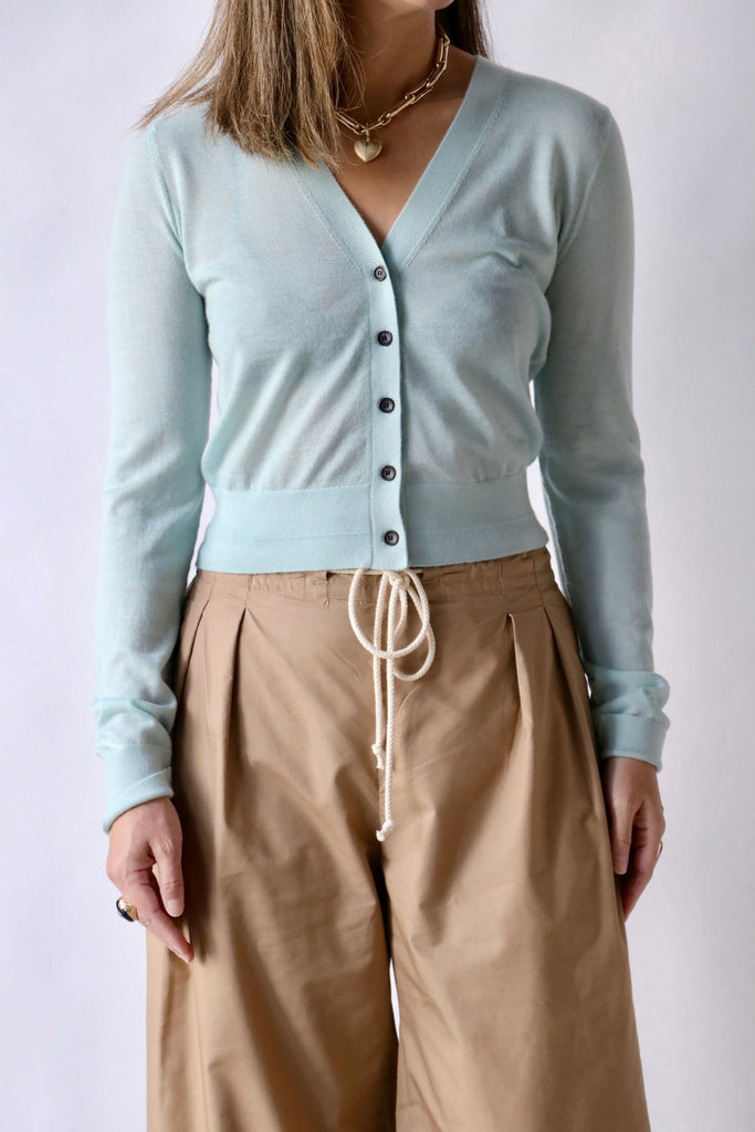 Maria McManus Long Sleeve Shrunken Cardigan in Duck Egg Blue Knitwear Maria McManus 