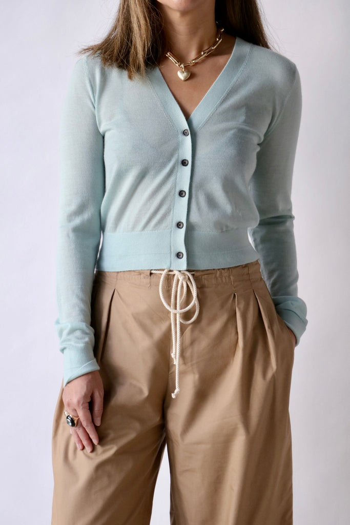 Maria McManus Long Sleeve Shrunken Cardigan in Duck Egg Blue Knitwear Maria McManus 