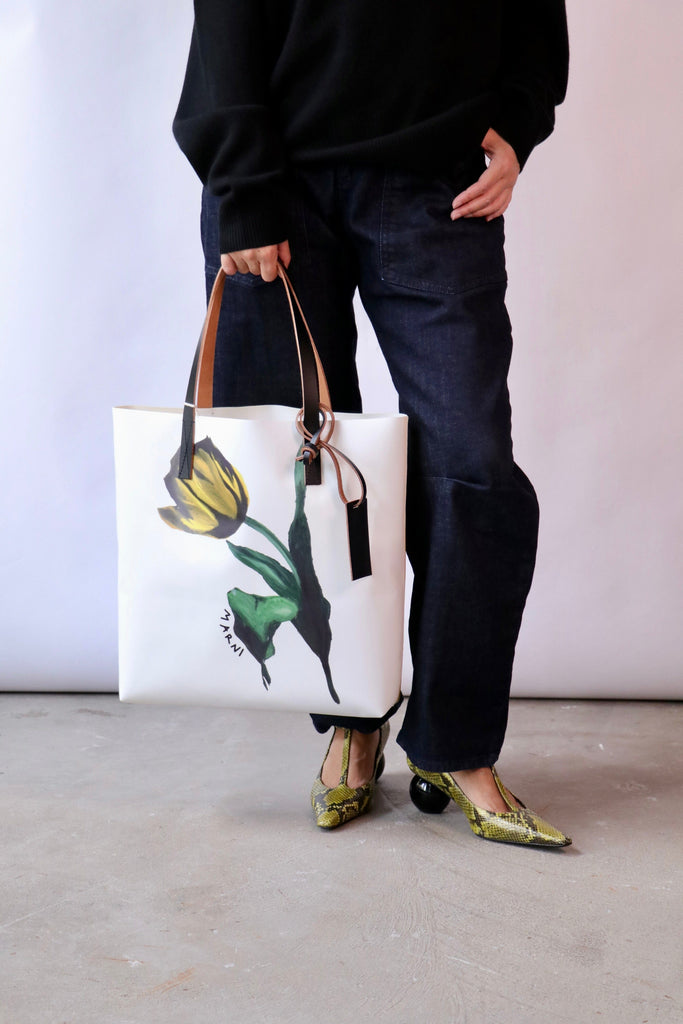 Marni White and Yellow Fabric Tribeca Tote w/ Tulip Print Accessories Marni 