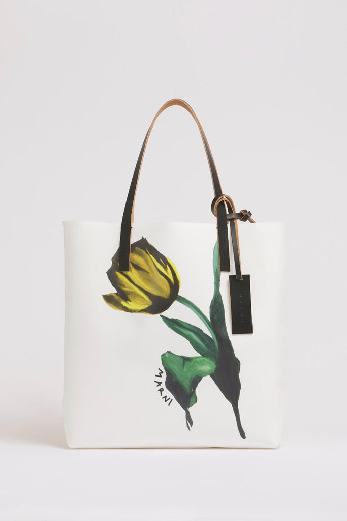 Marni White and Yellow Fabric Tribeca Tote w/ Tulip Print Accessories Marni 