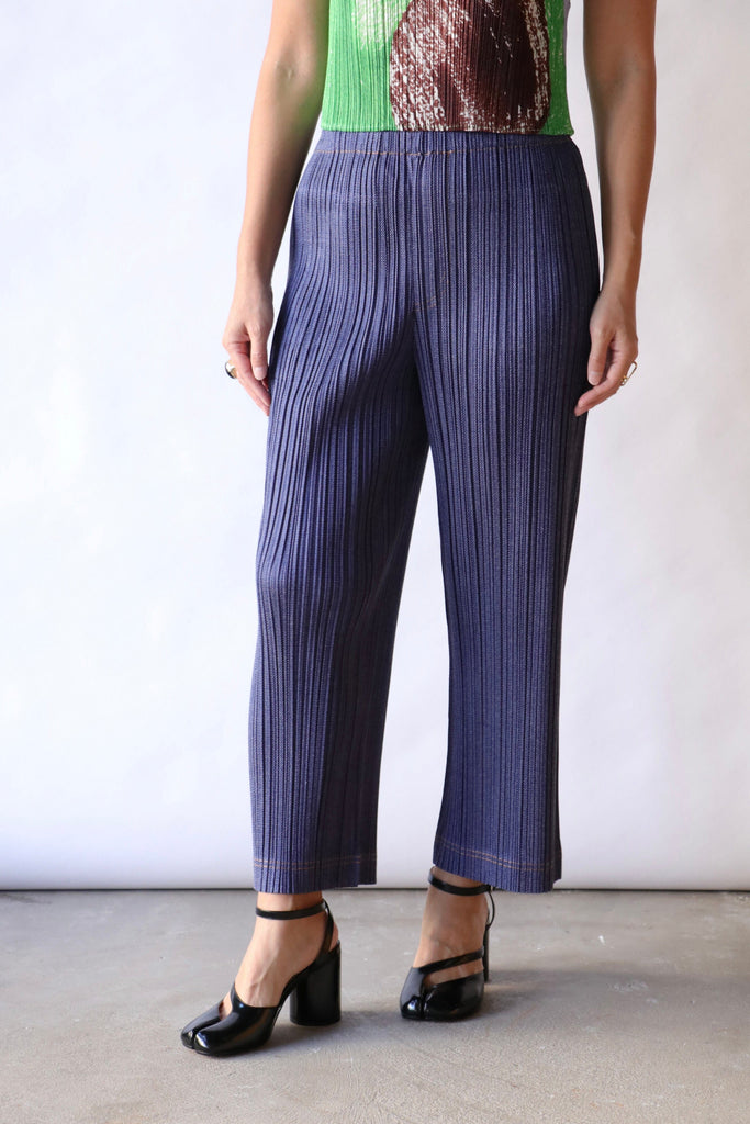 Pleats Please Issey Miyake Cotton Denim in Blue no.72 Bottoms Pleats Please by Issey Miyake 