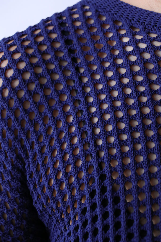 Pleats Please Issey Miyake Fishnet Knit Top in Navy | WE ARE ICONIC