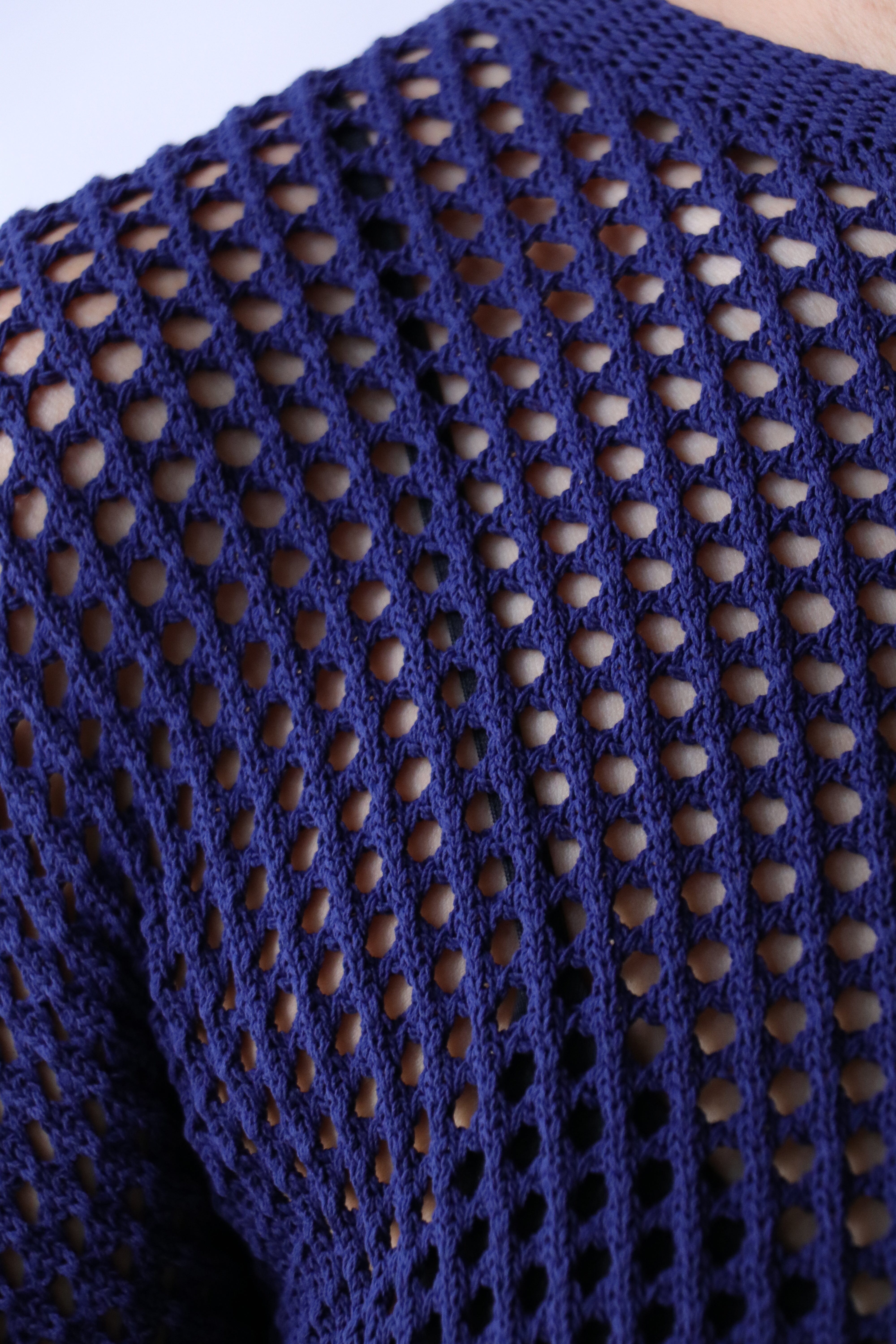 PLEATS PLEASE 新作　FISHNET KNIT ネイビー Pleats Please Issey Miyake Fishnet Knit Top in Navy | WE ARE ICONIC