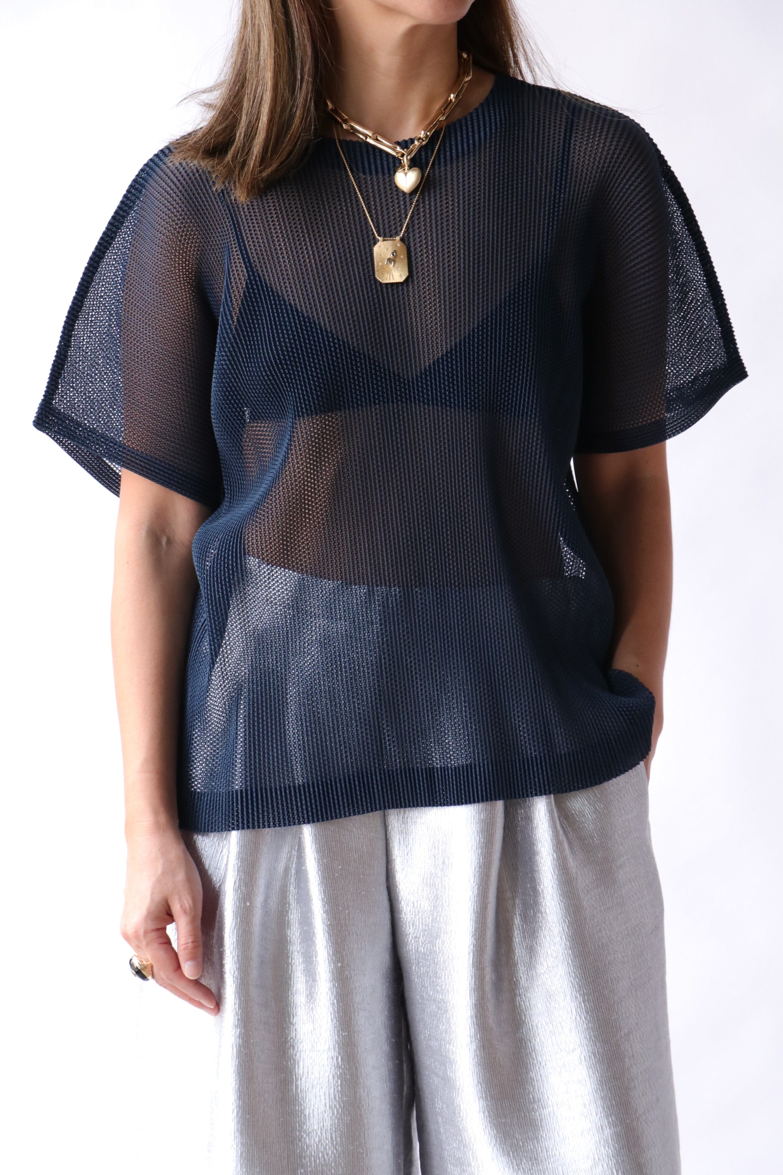 Pleats Please Issey Miyake Tatami April Top in Greyish Navy