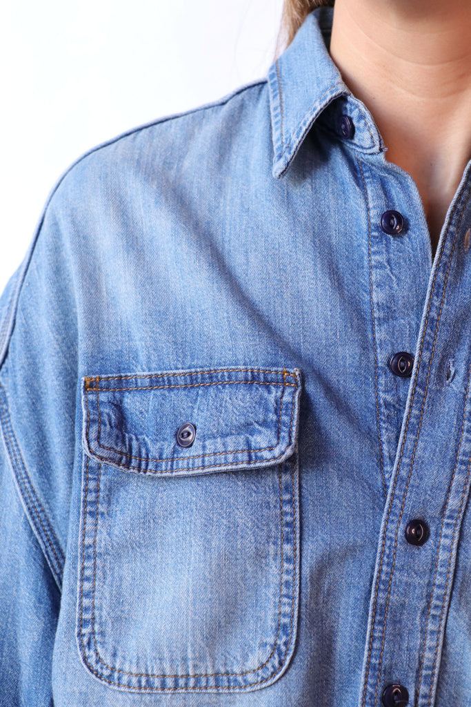 R13 Cropped Denim Shirt in Brindley tops-blouses R13 