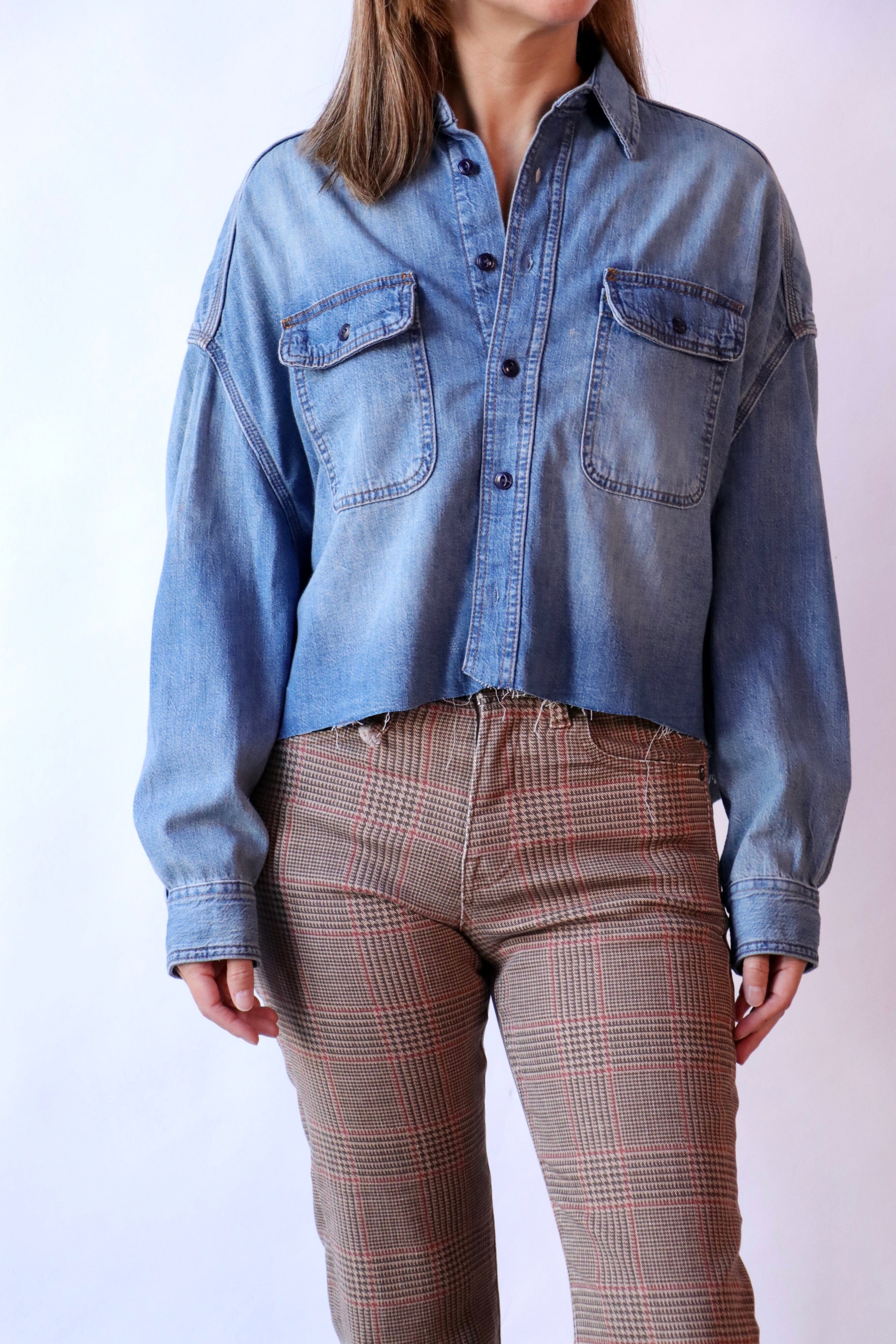 R13 Cropped Denim Shirt in Brindley | WE ARE ICONIC