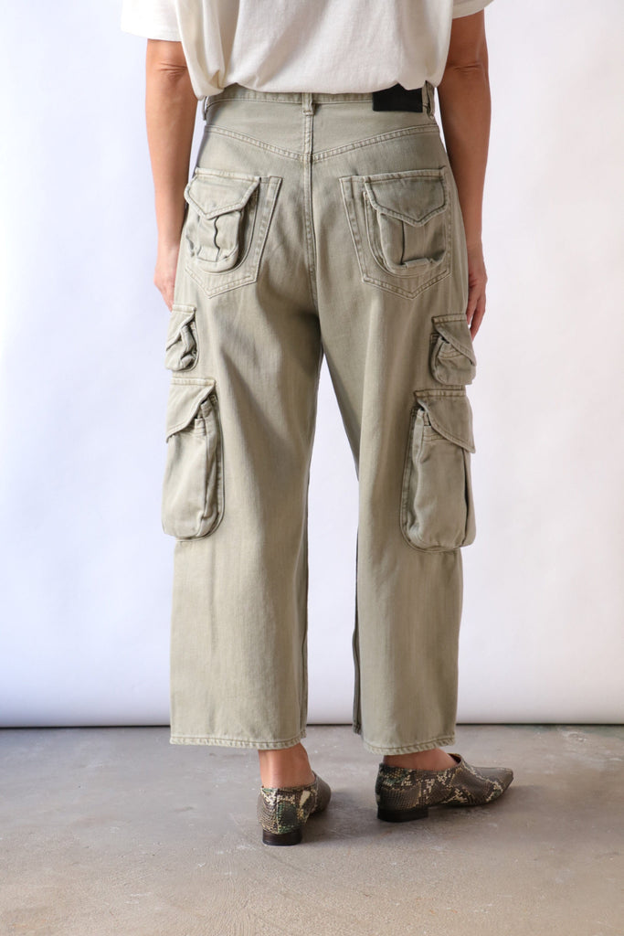 R13 Cropped Multi Pocket Cargo in Olive Green Garment Dye Bottoms R13 