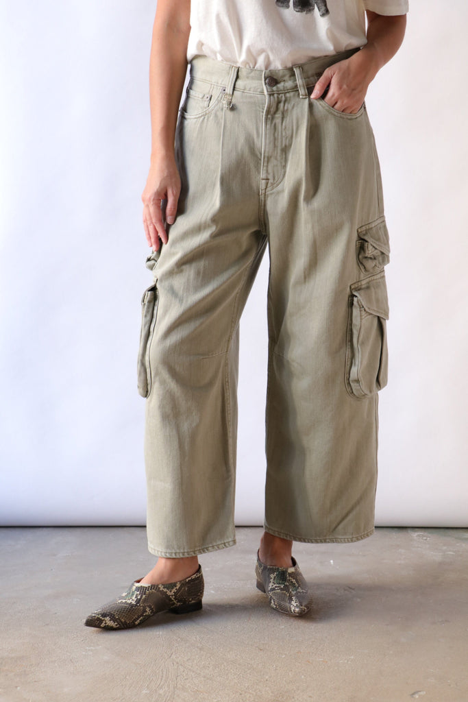 R13 Cropped Multi Pocket Cargo in Olive Green Garment Dye Bottoms R13 