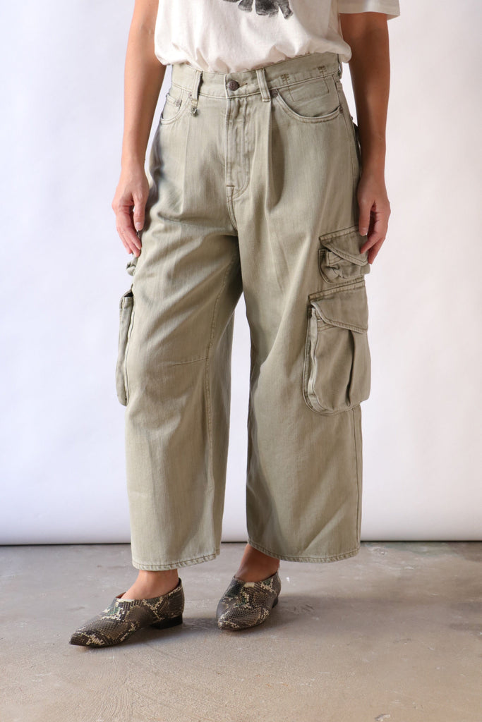 R13 Cropped Multi Pocket Cargo in Olive Green Garment Dye Bottoms R13 