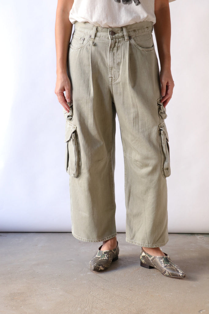 R13 Cropped Multi Pocket Cargo in Olive Green Garment Dye Bottoms R13 