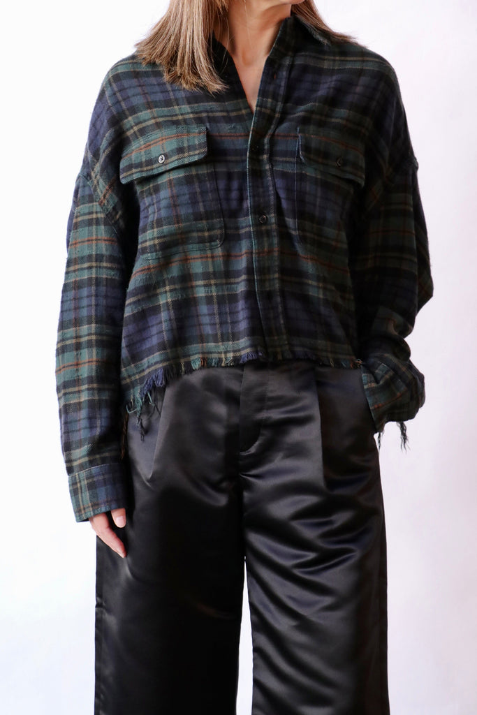 R13 Cropped Work Shirt in Over-dyed/Teal/Navy/Yellow/Plaid Blue tops-blouses R13 