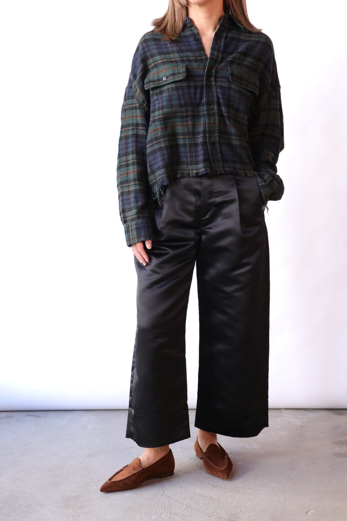 R13 Cropped Work Shirt in Over-dyed/Teal/Navy/Yellow/Plaid Blue tops-blouses R13 