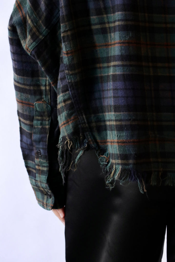 R13 Cropped Work Shirt in Over-dyed/Teal/Navy/Yellow/Plaid Blue tops-blouses R13 