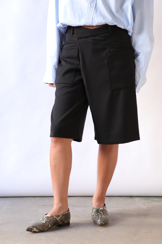 R13 Crossover Knee-Length Shorts in Black Bottoms R13 