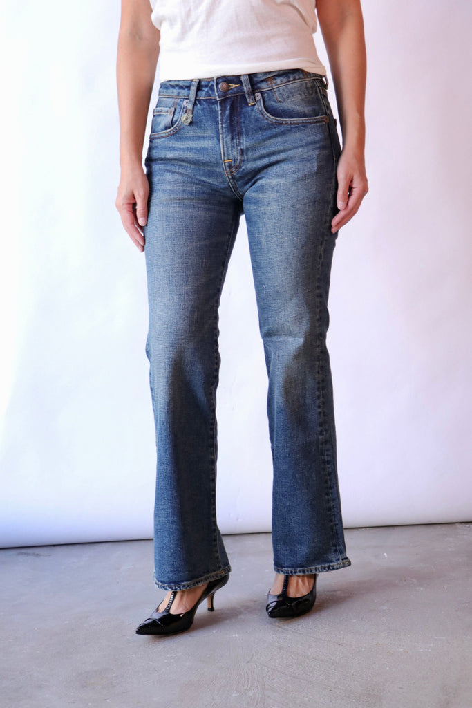R13 Joan Kick Flare Jean in Melvin Blue Stretch Bottoms R13 