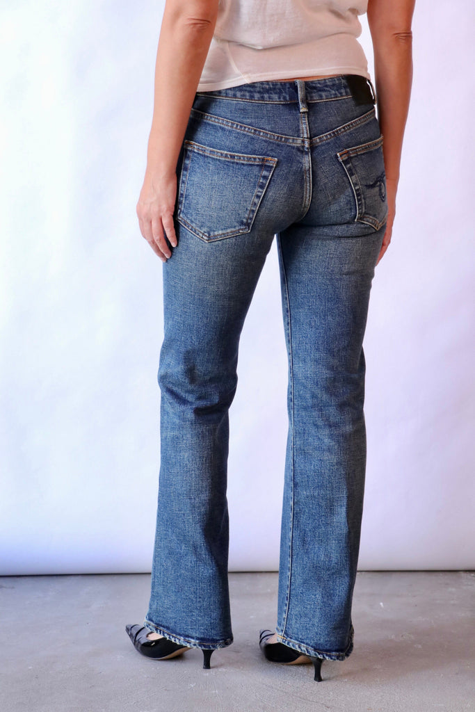 R13 Joan Kick Flare Jean in Melvin Blue Stretch Bottoms R13 