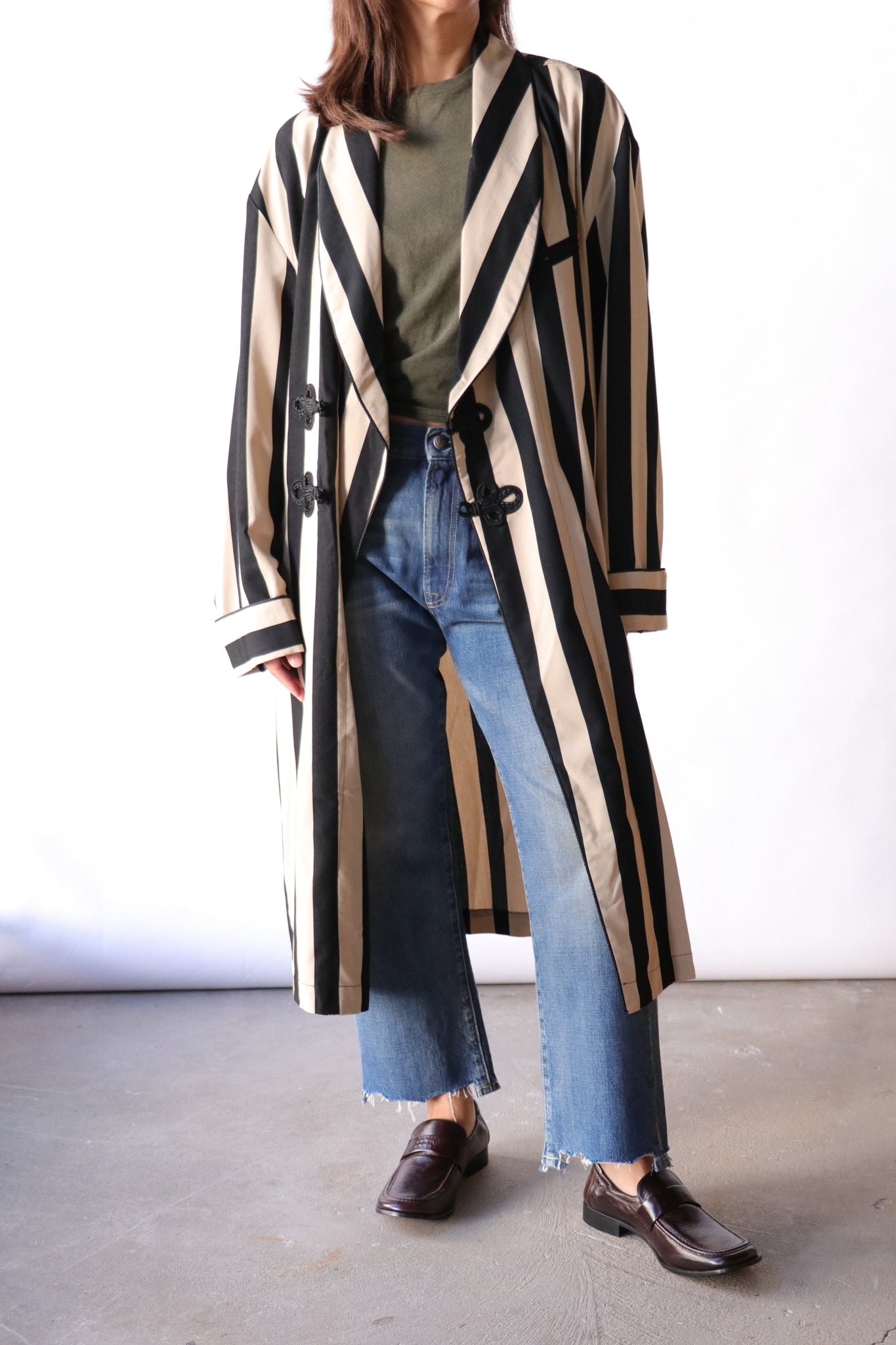 R13 Oversized Robe in Black & Cream Wide Stripe Outerwear R13 
