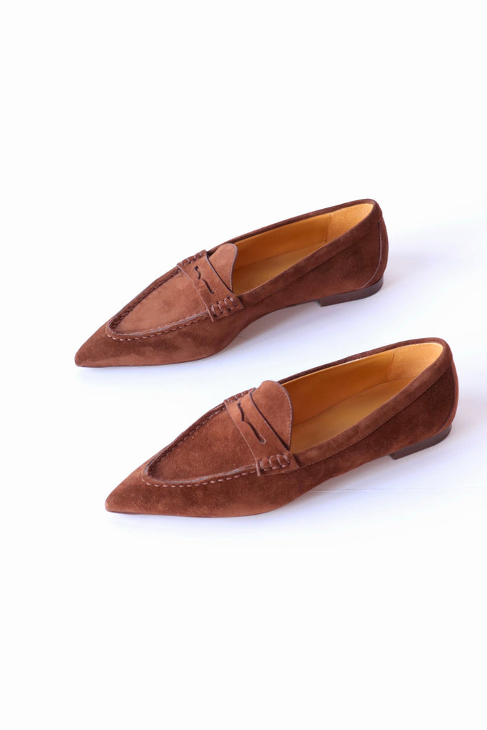 R13 Pointed Toe Loafer in Brown Suede Shoes R13 