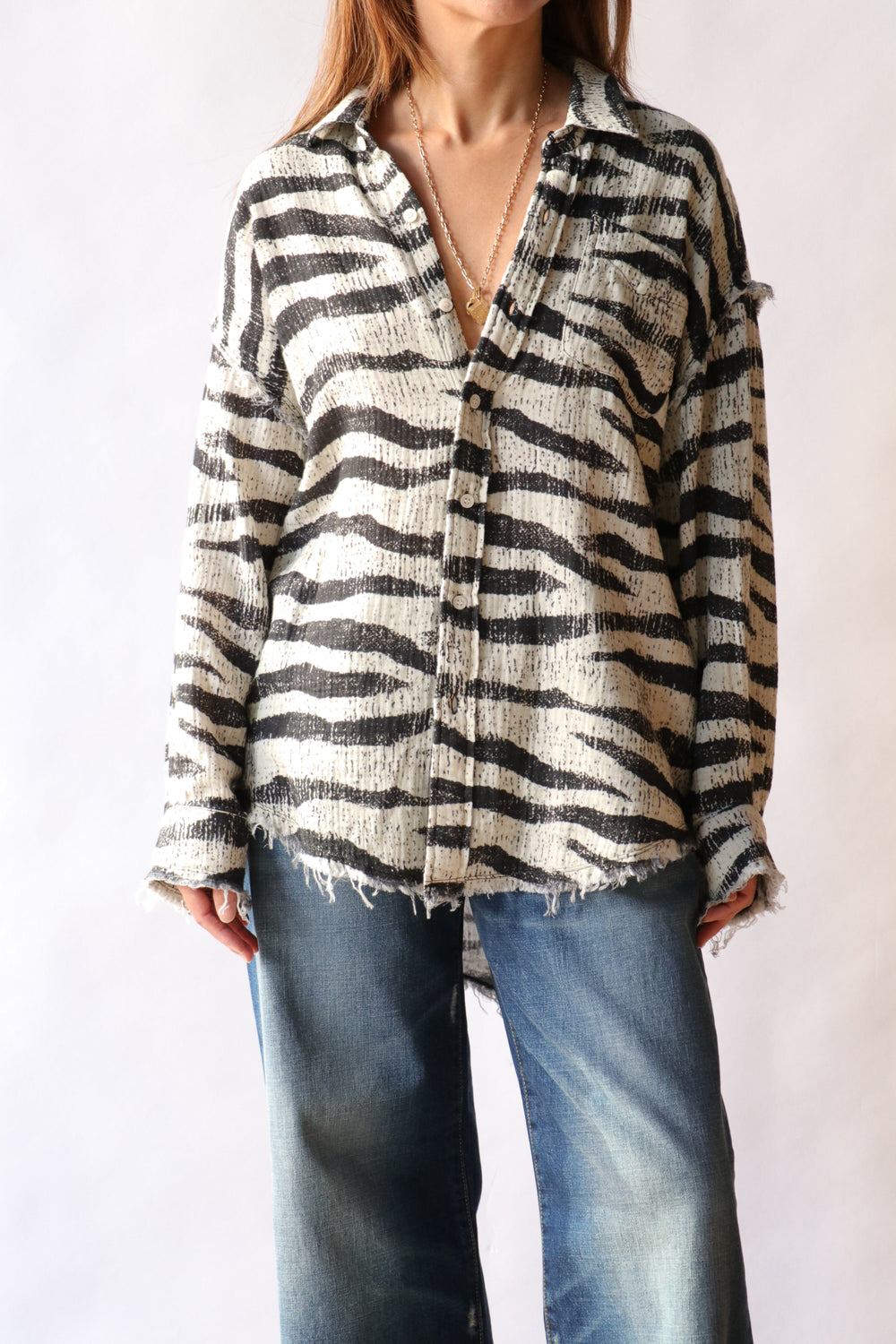 R13 Shredded Seam Drop Neck Shirt in Black and White Zebra | WE