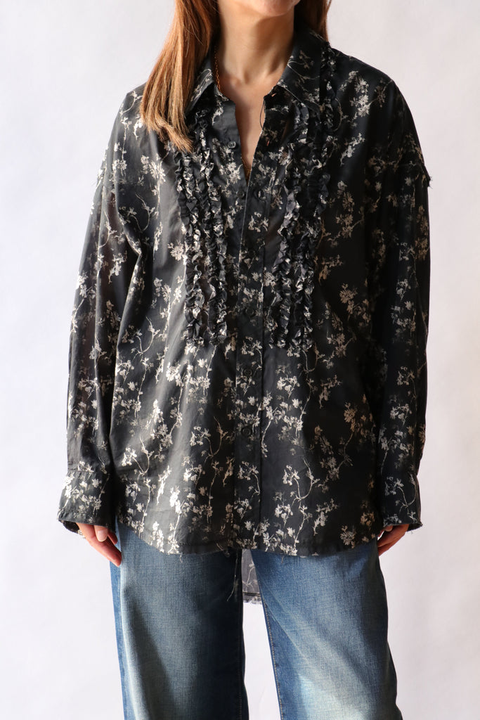 black floral dress shirt R13 Shredded Seam Ruffle Shirt Floral on Black