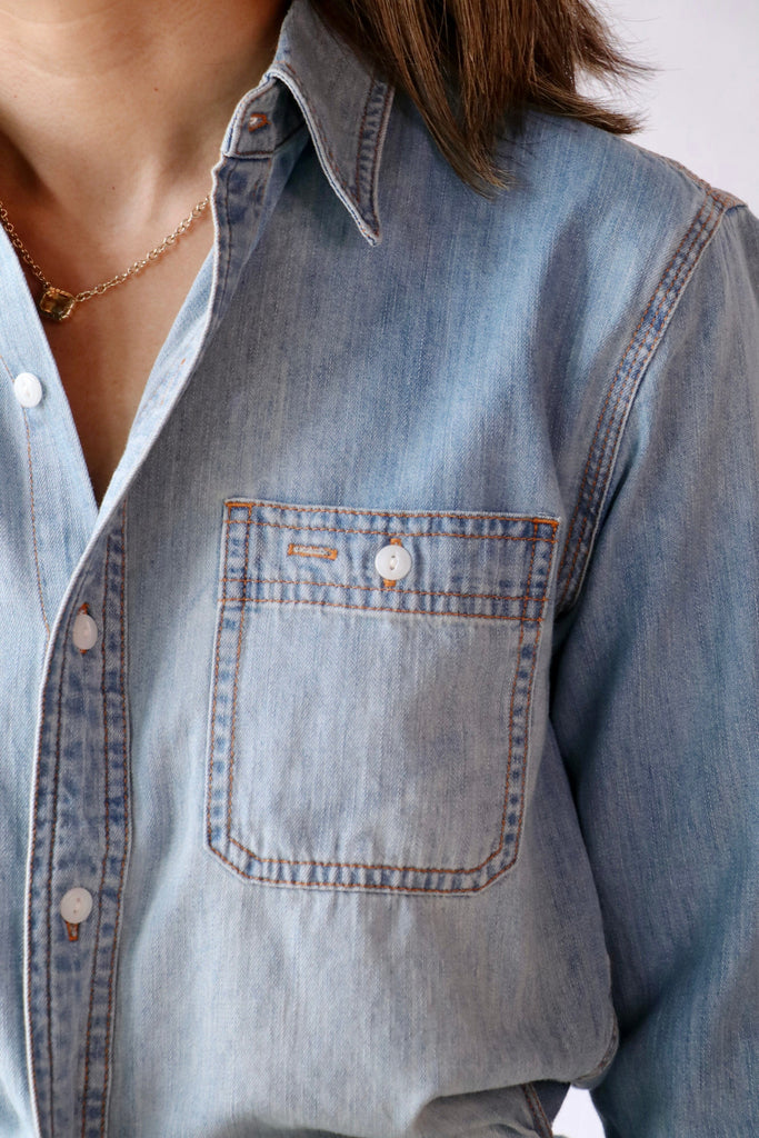 R13 Wrap Around Denim Shirt in River Blue tops-blouses R13 
