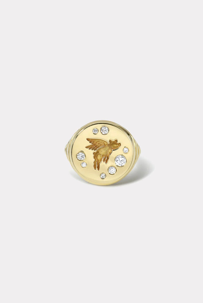 Retrouvai Flying Pig Diamond Fantasy Signet Ring Jewelry Retrouvai 