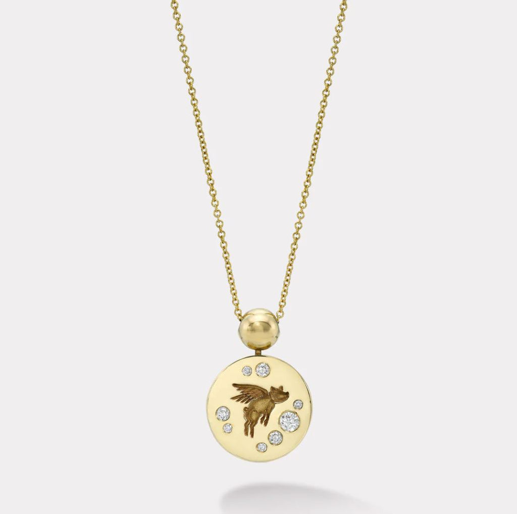 Retrouvai Flying Pig Fantasy Signet Pendant Necklace with Diamonds Jewelry Retrouvai 