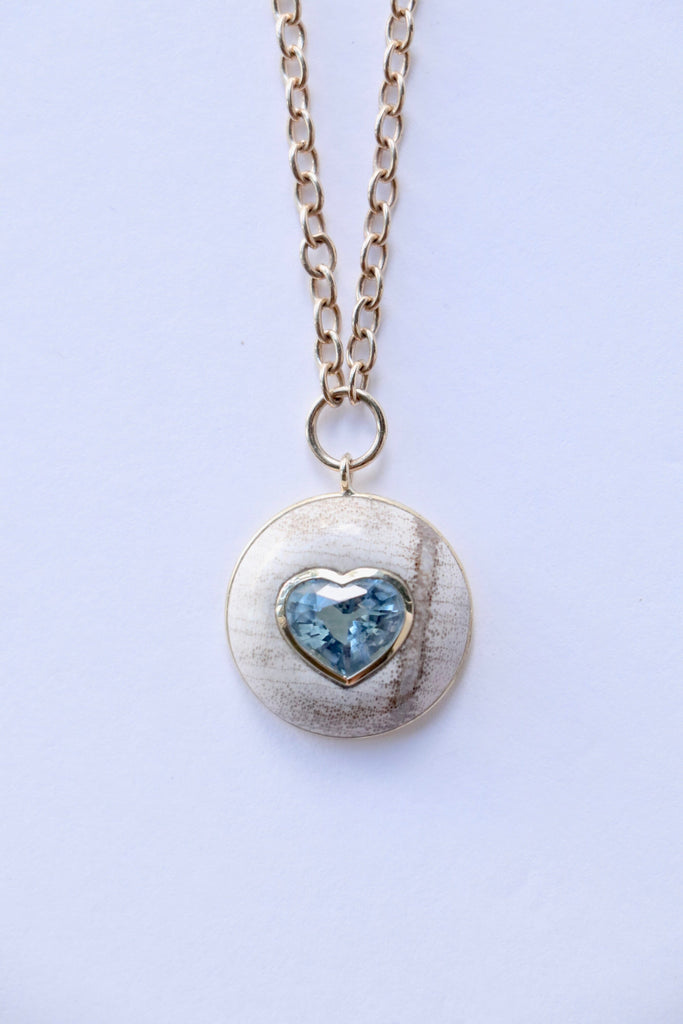 Retrouvai Lollipop Pendant -2.43ct Aquamarine Heart in Hand Carved Petrified Wood Jewelry Retrouvai 
